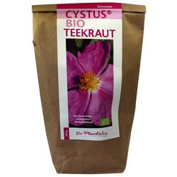 Braune Tüte mit der Aufschrift "Cystus Bio Teekraut" und Bild einer pinken Blume.