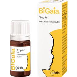 Flasche und Schachtel von BiGaia Tropfen mit dem Zusatz Lactobacillus reuteri.