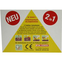 Gelbe Verpackung einer Zeckenkammkarte mit Funktionen und Anwendungshinweisen.