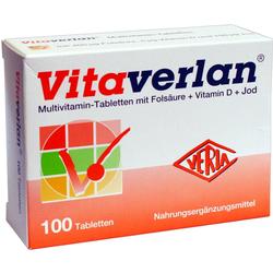Eine Packung Multivitamin-Tabletten mit 100 Tabletten von "Vitaverlan".