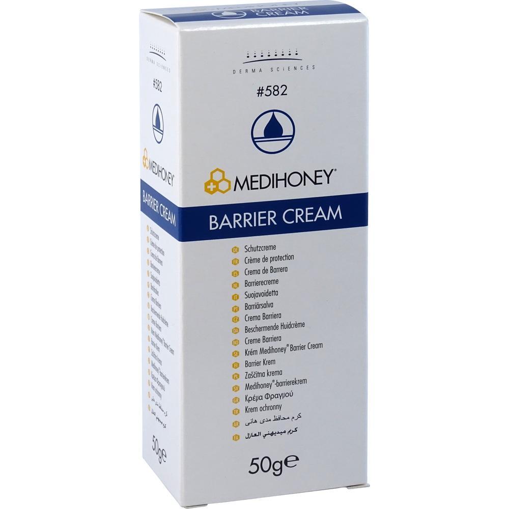 Weiße Verpackung einer Barrier-Creme mit blauem Streifen und Aufschrift "MediHoney".