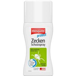 Weißes Spray für Zeckenschutz mit grünem Symbol einer Zecke auf der Flasche.